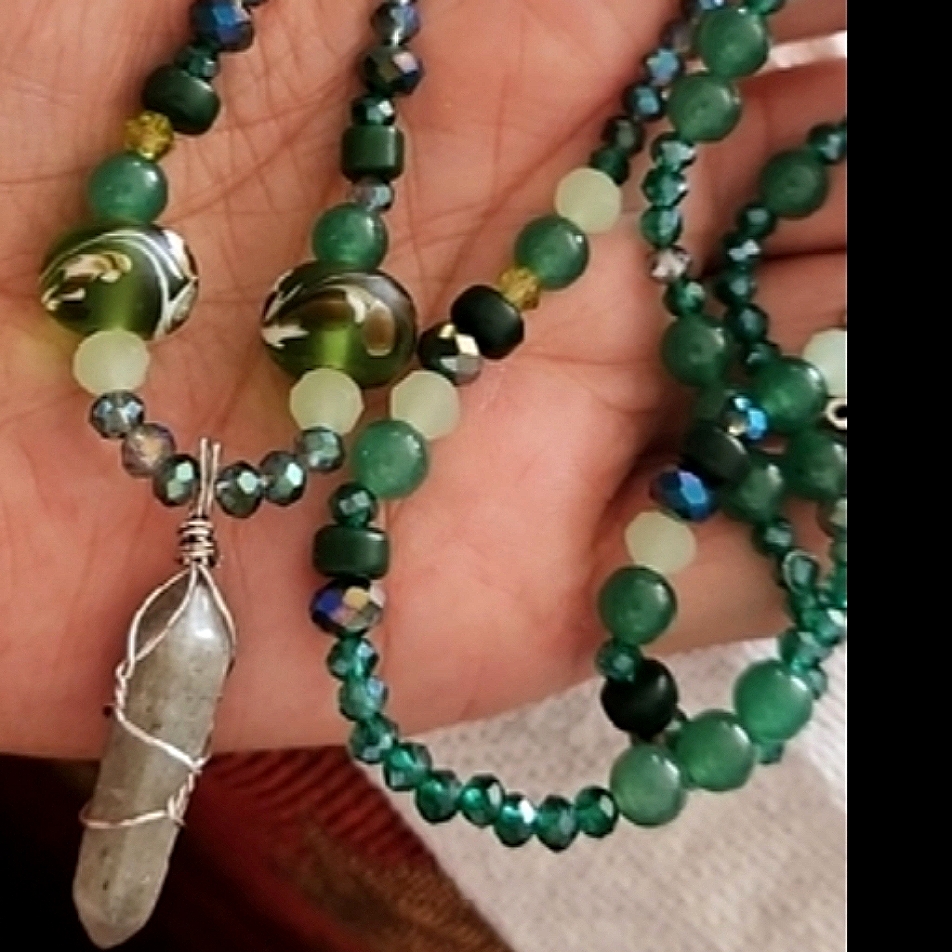 2pce Adventurine Art Glass Jade & Jadite Pendent Necklace W/ Matching Ring